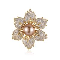 Zinc Alloy Brooches with Plastic Pearl Flower gold color plated for woman & with rhinestone nickel lead & cadmium free 45mm Sold By PC