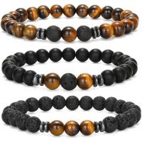 Gemstone Bracelets, Tiger Eye, with Abrazine Stone & Lava & Non Magnetic Hematite, Round, handmade, elastic & Unisex & different styles for choice, 8mm, Length:7.5 Inch, Sold By PC
