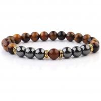 Gemstone Bracelets Tiger Eye with Non Magnetic Hematite & Zinc Alloy Round gold color plated elastic & Unisex 8mm Length 7.5 Inch Sold By PC