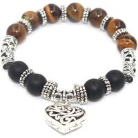 Gemstone Bracelets, Tiger Eye, with Abrazine Stone & Tibetan Style, Heart, silver color plated, elastic & Unisex, mixed colors, 10mm, Length:7.3 Inch, Sold By PC