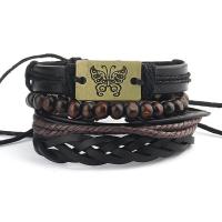 Cowhide Bracelet, with Wood & Tibetan Style, with 8-9cmX2 extender chain, Butterfly, antique gold color plated, 4 pieces & fashion jewelry, black, Length:17-18 cm, Sold By Set