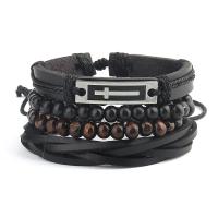 Cowhide Bracelet, with Wood & Tibetan Style, with 8-9cmX2 extender chain, Cross, silver color plated, 4 pieces & fashion jewelry, black, Length:17-18 cm, Sold By Set
