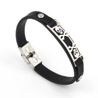 PU Leather Cord Bracelets, with 304 Stainless Steel, Skull, silver color plated, fashion jewelry & for man, black, 10mm, Length:21 cm, Sold By PC