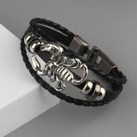 PU Leather Cord Bracelets with Zinc Alloy Scorpion antique silver color plated fashion jewelry & multilayer & for man black Length 21 cm Sold By PC