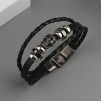 PU Leather Cord Bracelets with Zinc Alloy Skull antique silver color plated fashion jewelry & multilayer & for man black Length 21 cm Sold By PC