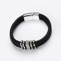 PU Leather Cord Bracelets, with 316L Stainless Steel, silver color plated, Double Layer & fashion jewelry & for man, black, 12mm, Length:20 cm, Sold By PC