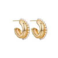Brass Stud Earring, gold color plated, for woman & with plastic pearl, 21mm, Hole:Approx 2mm, Sold By Pair