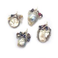 Resin Pendant with Freshwater Pearl & Brass irregular silver color plated Unisex mixed colors 20x45- Sold By PC