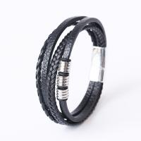 PU Leather Cord Bracelets, with 316 Stainless Steel, silver color plated, fashion jewelry & multilayer & for man, black, 10mm, Length:20 cm, Sold By PC