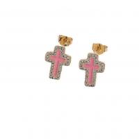 Cubic Zirconia Micro Pave Brass Earring Cross 14K gold plated fashion jewelry & micro pave cubic zirconia & for woman & enamel nickel lead & cadmium free Sold By Pair
