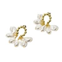 Freshwater Pearl Earrings, Brass, with Freshwater Pearl, Flower, 14K gold plated, fashion jewelry & for woman, golden, nickel, lead & cadmium free, 30x25mm, Sold By Pair