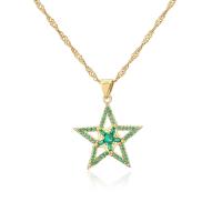 Cubic Zircon Micro Pave Brass Necklace, Star, gold color plated, micro pave cubic zirconia & for woman & hollow, green, 21x26mm, Length:Approx 17.7 Inch, Sold By PC