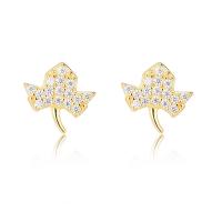 925 Sterling Silver Stud Earring, Leaf, plated, micro pave cubic zirconia & for woman, more colors for choice, 9mm, Sold By Pair