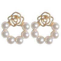 Brass Stud Earring, with Plastic Pearl, gold color plated, fashion jewelry & for woman, nickel, lead & cadmium free, 18x15mm, Sold By Pair