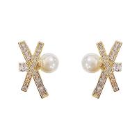 Cubic Zirconia Micro Pave Brass Earring with Plastic Pearl gold color plated fashion jewelry & micro pave cubic zirconia & for woman nickel lead & cadmium free Sold By Pair