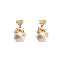 Brass Stud Earring, with Plastic Pearl, gold color plated, fashion jewelry & for woman & with rhinestone, nickel, lead & cadmium free, 25x16mm, Sold By Pair