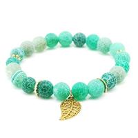 Effloresce Agate Bracelet with Brass Leaf gold color plated elastic & Unisex green 8mm Length 7.5 Inch Sold By PC