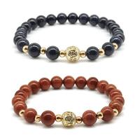Goldstone Bracelet with Blue Goldstone & Zinc Alloy Round gold color plated elastic & Unisex 8mm Length 7.5 Inch Sold By PC