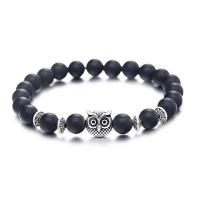 Abrazine Stone Bracelet, with Tibetan Style, Owl, silver color plated, elastic & Unisex, black, 8mm, Length:7.5 Inch, Sold By PC