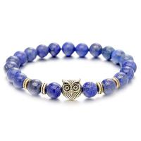 Natural Lapis Lazuli Bracelets with Zinc Alloy Owl gold color plated elastic & Unisex blue 8mm Length 7.5 Inch Sold By PC