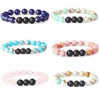 Gemstone Bracelet with Zinc Alloy Round silver color plated 6 pieces & elastic & Unisex mixed colors 8mm Length 7.5 Inch Sold By Set