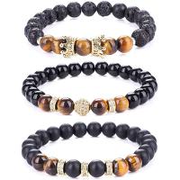 Lava Bracelet, with Abrazine Stone & Tiger Eye & Black Stone & Brass, gold color plated, elastic & Unisex & different styles for choice & micro pave cubic zirconia, 8mm, Length:7.5-8.6 Inch, Sold By PC