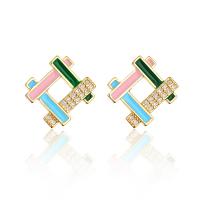 Brass Stud Earring gold color plated micro pave cubic zirconia & for woman & enamel Sold By Pair