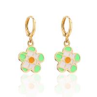 Brass Huggie Hoop Drop Earring, Flower, gold color plated, for woman & enamel, more colors for choice, 15x30mm, Sold By Pair