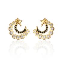 Brass Stud Earring Moon gold color plated micro pave cubic zirconia & for woman Sold By Pair