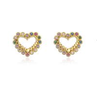 Brass Stud Earring Heart gold color plated & micro pave cubic zirconia & for woman & hollow Sold By Pair