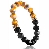 Gemstone Bracelets Tiger Eye with rhinestone zinc alloy spacer & Black Agate Round gold color plated Star Cut Faceted & Unisex mixed colors 10mm Length 7.5 Inch Sold By PC