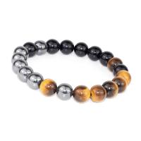 Gemstone Bracelets, Tiger Eye, with Black Stone & Non Magnetic Hematite, Round, elastic & Unisex, mixed colors, 10mm, Length:8 Inch, Sold By PC