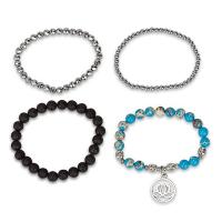 Gemstone Bracelets, Non Magnetic Hematite, with Lava & Impression Jasper & Tibetan Style, Round, silver color plated, 4 pieces & Unisex, mixed colors, Length:7.5 Inch, 4PCs/Set, Sold By Set