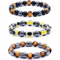 Gemstone Bracelets, Non Magnetic Hematite, with Tiger Eye & Black Stone & Resin, handmade, three pieces & elastic & Unisex, mixed colors, Length:7.5 Inch, 3PCs/Set, Sold By Set