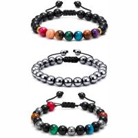 Gemstone Bracelets, Non Magnetic Hematite, with Polyester Cord & Tiger Eye & Black Stone & Tibetan Style, Round, gold color plated, Unisex & adjustable, more colors for choice, 8mm, Length:7.5 Inch, Sold By PC