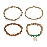 Gemstone Bracelets Non Magnetic Hematite with Map Stone & Green Aventurine & Wood & Zinc Alloy Round 4 pieces & Unisex mixed colors Length 7.5 Inch Sold By Set