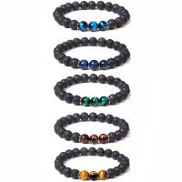 Gemstone Bracelets Lava with Tiger Eye & Zinc Alloy Round silver color plated elastic & Unisex 8mm Length 7.5 Inch Sold By PC