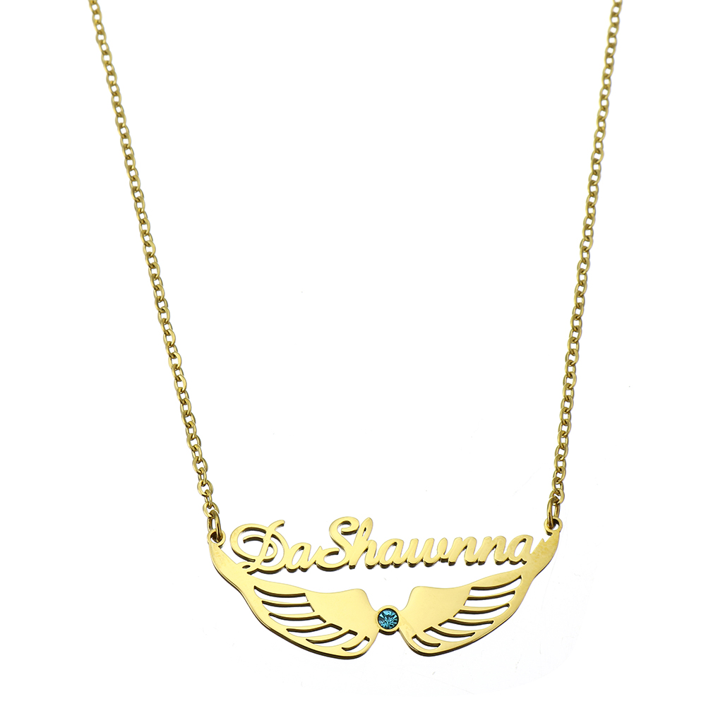 304 Stainless Steel Necklace with 1.97inch extender chain Wing Shape Vacuum Ion Plating Each custom text must be less than 10 letters & fashion jewelry & for woman & with rhinestone golden Length Approx 17.72 Inch Sold By PC