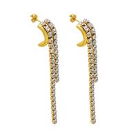 Fashion Fringe Earrings, Titanium Steel, with Cubic Zirconia, Tassel, Vacuum Ion Plating, for woman, more colors for choice, 10x47mm, Sold By Pair