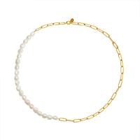 Titanium Steel Necklace with Freshwater Pearl Round 18K gold plated fashion jewelry & for woman golden 4mm 5mm Length Approx 42 cm Sold By PC
