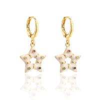Huggie Hoop Drop Earring Brass Star gold color plated micro pave cubic zirconia & for woman & enamel Sold By Pair