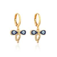 Huggie Hoop Drop Earring Brass gold color plated evil eye pattern & micro pave cubic zirconia & for woman & enamel blue Sold By Pair