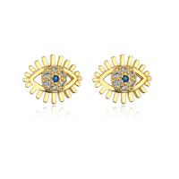 Cubic Zirconia Micro Pave Brass Earring Eye gold color plated & micro pave cubic zirconia & for woman & enamel blue Sold By Pair