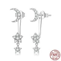 Ear Jackets, 925 Sterling Silver, Moon and Star, for woman & with rhinestone, silver color, 7x25mm, Sold By Pair