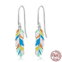 925 Sterling Silver Drop &  Dangle Earrings, Feather, oxidation, for woman & epoxy gel, multi-colored, 6x32mm, Sold By Pair