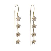 Brass Thread Through Earrings, Flower, gold color plated, for woman & with rhinestone, 13x77mm, Sold By Pair