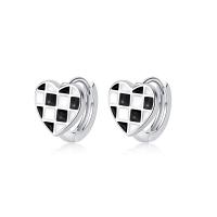 Brass Huggie Hoop Earring, Heart, platinum color plated, for woman & epoxy gel, white and black, 11mm, Sold By Pair