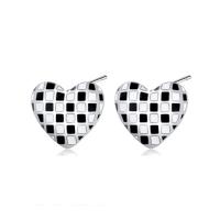 Brass Stud Earring Heart platinum color plated for woman & epoxy gel white and black 11mm Sold By Pair