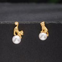 Asymmetric Earrings 925 Sterling Silver with Shell Pearl Cat gold color plated micro pave cubic zirconia & for woman Sold By Pair