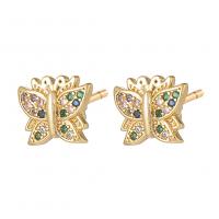 Cubic Zirconia Micro Pave Brass Earring, Butterfly, gold color plated, micro pave cubic zirconia & for woman, multi-colored, 10.20x8.50mm, Sold By Pair